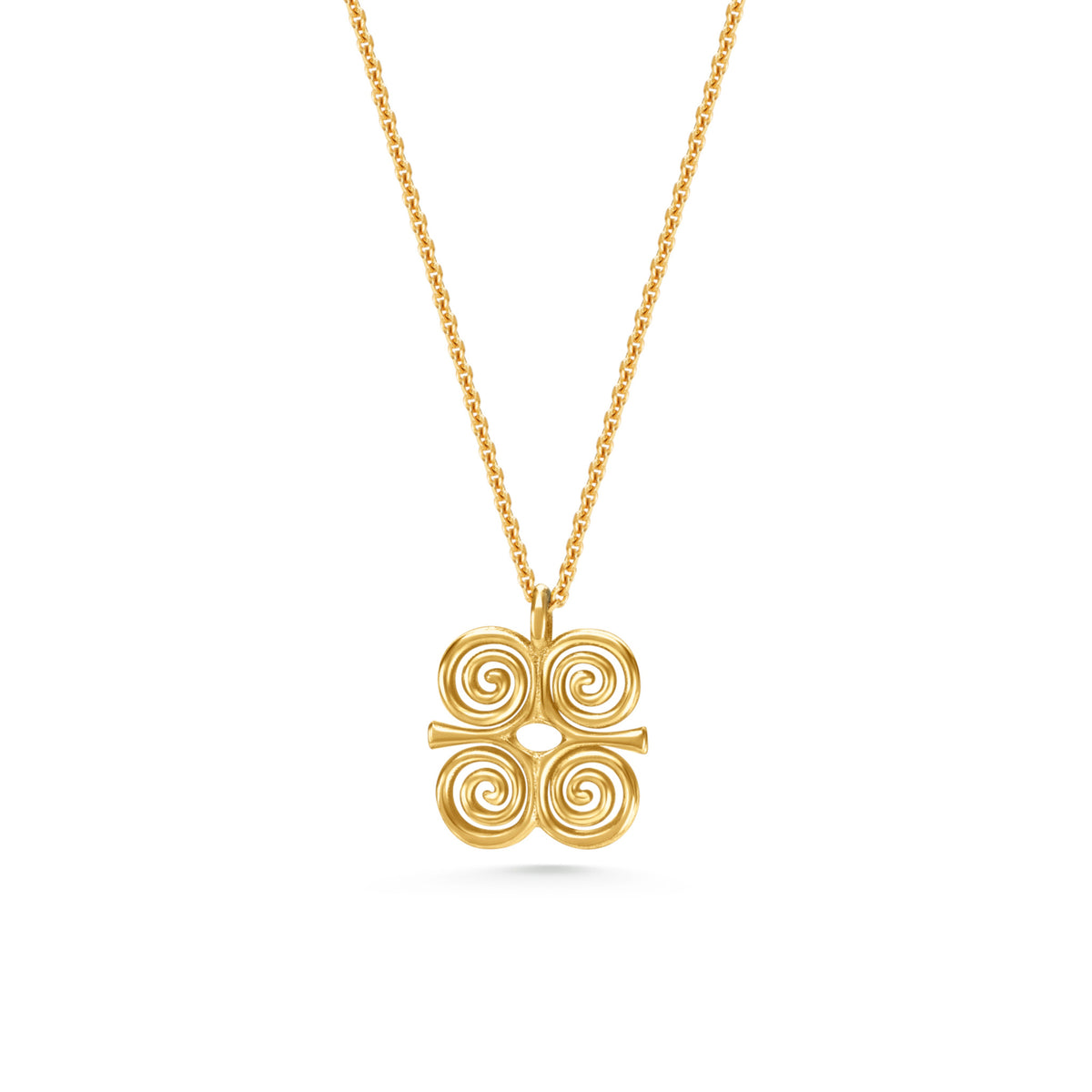 Adinkra Collection
Dwennimmen Necklace in polished 18ct yellow gold, featuring a 10mm pendant symbolizing humility and strength ('Ram's Horns'). Perfect for everyday wear, alone or layered. Sold on a 16-inch chain.