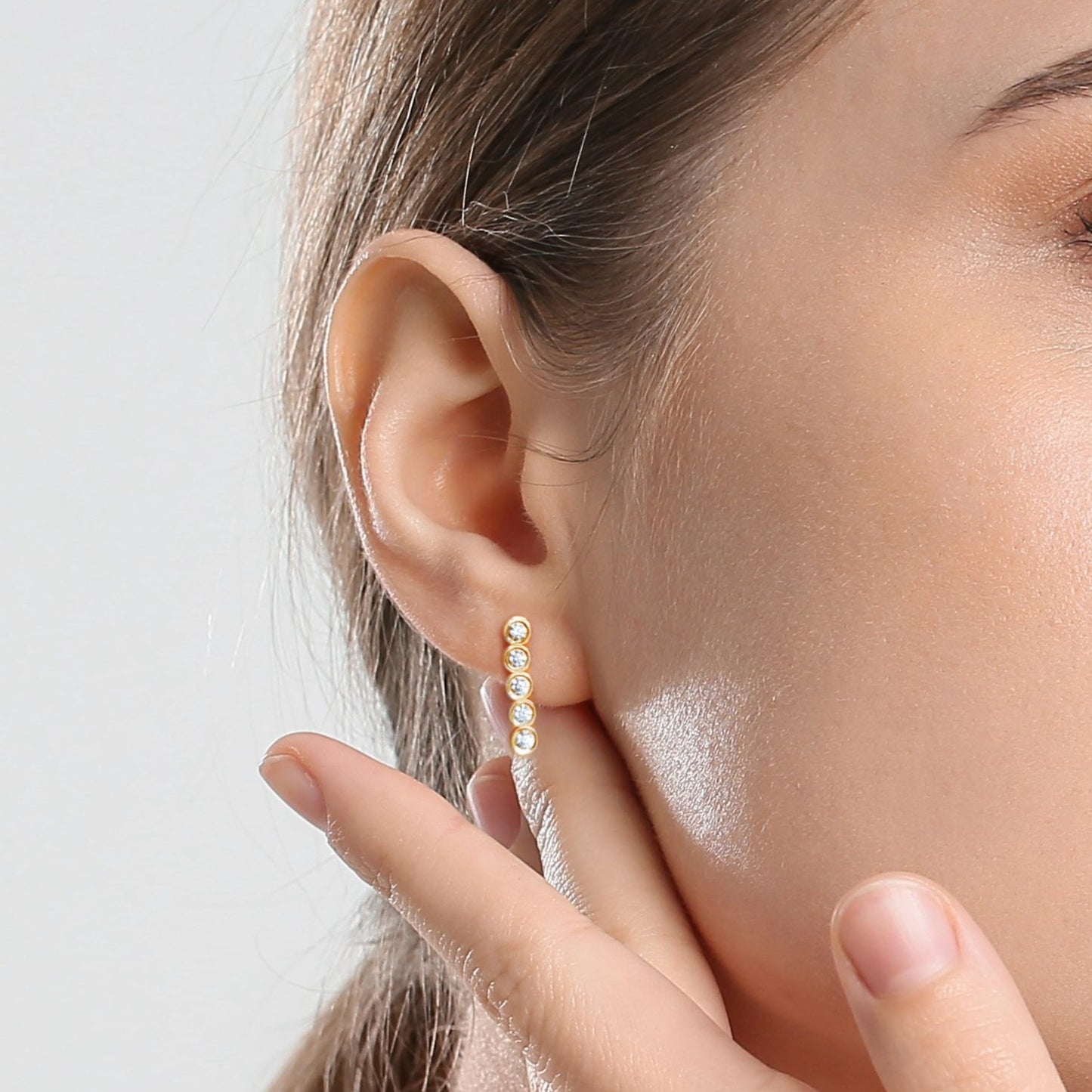Legacy Collection Tracee Pin Earrings in 14ct yellow gold with 0.5ct SI1 diamonds, 14.5mm length. Delicate, timeless, and minimal, embodying vibrant elegance. Sold as a pair or single, customizable with alternative gemstones