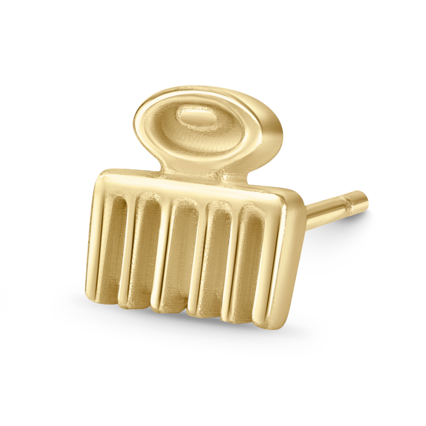 Adinkra Collection Duafe Stud Earrings in polished 14ct yellow gold, 7mm height. Symbolizing beauty, femininity, love, and care. Perfect for everyday wear, adds timeless elegance. Wear alone or pair with other earrings for impact. Also available as singles.