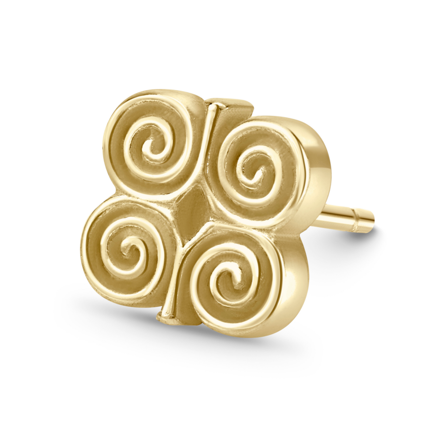 Adinkra Collection Stud Earrings in polished 14ct yellow gold, 7mm height. Symbolizing humility and strength ('Ram's Horns'), perfect for everyday wear. Can be worn alone for subtle elegance or paired for a bolder look. Also sold as singles