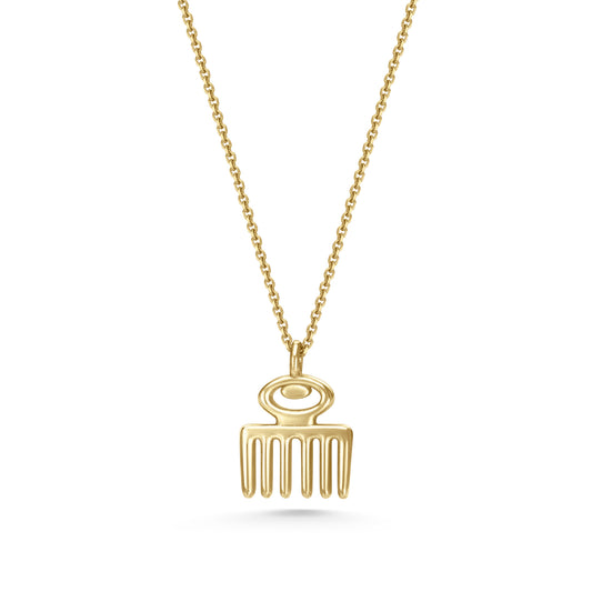 Adinkra Collection Duafe Necklace in polished 14ct yellow gold with 10mm pendant. Symbolizes beauty, femininity, love, and care. Versatile for everyday wear, perfect alone or layered. Sold on a 16-inch chain.