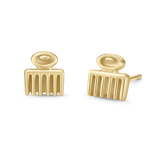 Adinkra Collection Duafe Stud Earrings in polished 14ct yellow gold, 7mm height. Symbolizing beauty, femininity, love, and care. Perfect for everyday wear, adds timeless elegance. Wear alone or pair with other earrings for impact. Also available as singles.