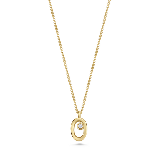 Legacy Collection Diana Mini Pendant Necklace in 14ct yellow gold with 0.16ct SI1 diamond, 8mm length. A heartfelt tribute, perfect alone or layered. Customizable with alternative gemstones. Sold on a 16-inch chain.