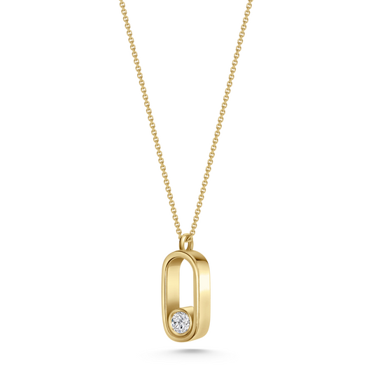 Seven Aunties Collection. Diana Pendant in 9ct yellow gold with a 0.26ct SI1 diamond, 38mm length. A heartfelt tribute, perfect worn alone or layered. Customizable with alternative gemstones. Sold on an 18-inch chain.