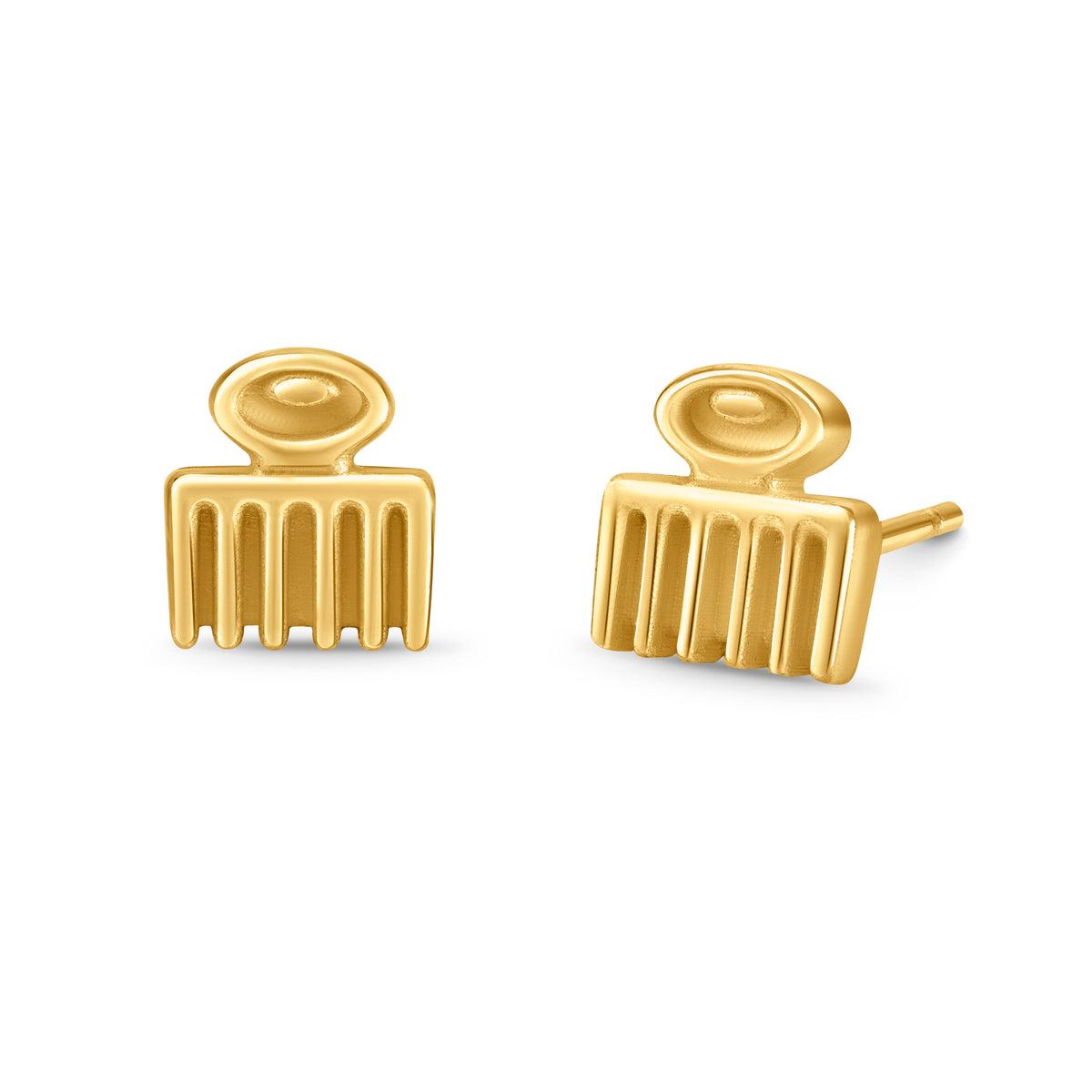 Adinkra Collection Duafe Stud Earrings in polished 18ct yellow gold, 7mm height. Symbolizing beauty, femininity, love, and care. Perfect for everyday wear, adds timeless elegance. Wear alone or pair with other earrings for impact. Also available as singles.