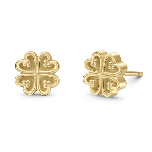 Adinkra Collection Nyame Dua Stud Earrings in polished 14ct yellow gold, 7mm height. Symbolizing God's presence and protection. Perfect for everyday wear, adding timeless elegance. Wear alone or pair with other earrings for impact. Also available as singles