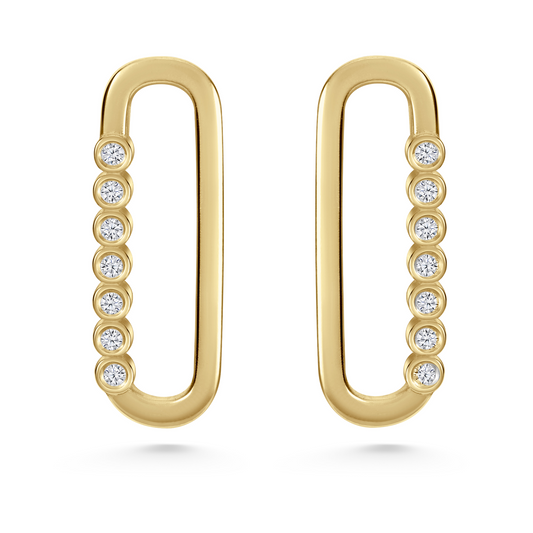 Legacy Collection 
Jill Earrings in 14ct yellow gold with 0.16ct SI1 diamonds, 24mm length. Timeless design embodying sophistication and self-expression. Wear alone for an elegant, subtle statement. Customisable with alternative gemstones. Sold as a pair