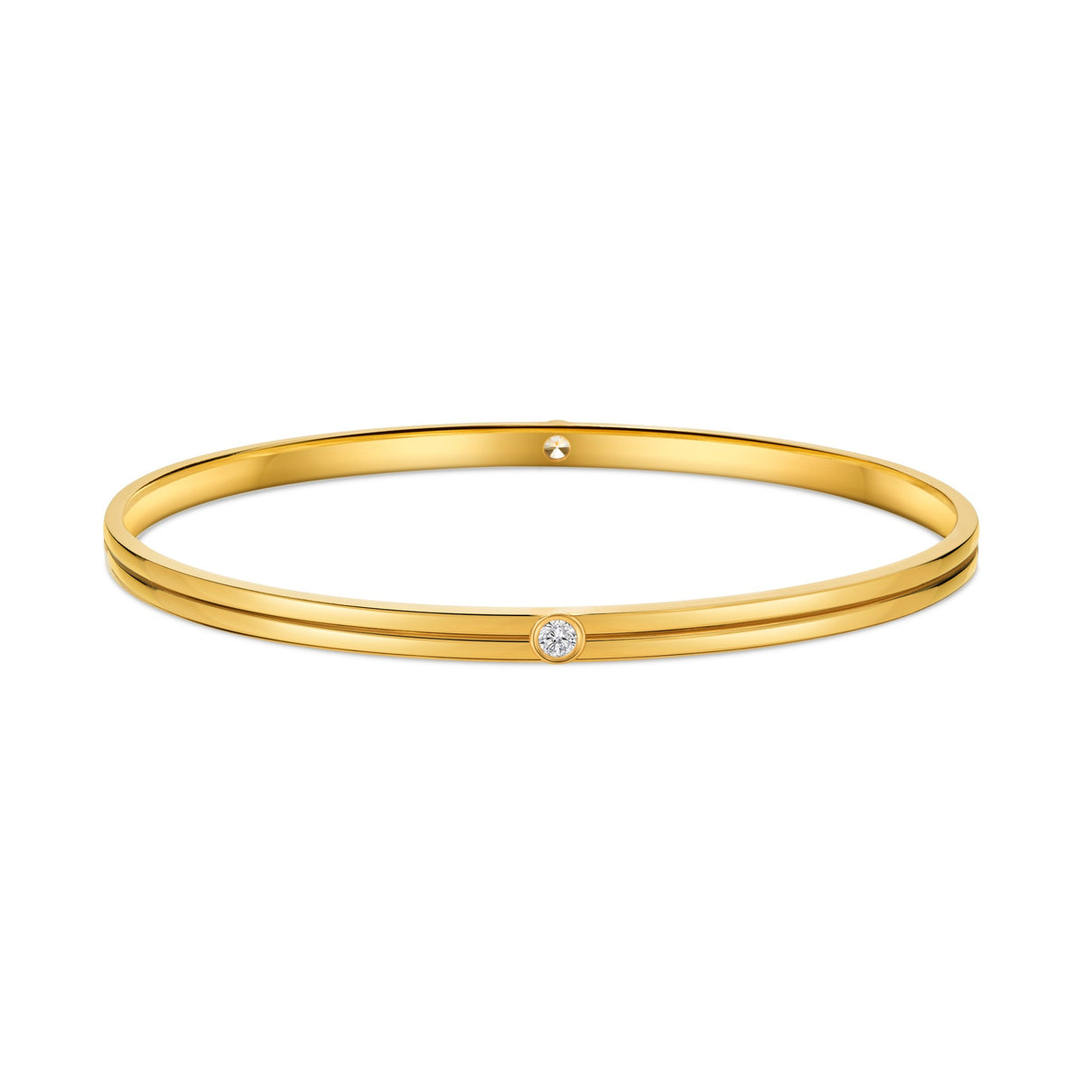 Seven Aunties Collection The Madge Bangle. A polished 18ct yellow gold bangle with SI1 Diamonds, double-edged profile, shown on a clean white background.