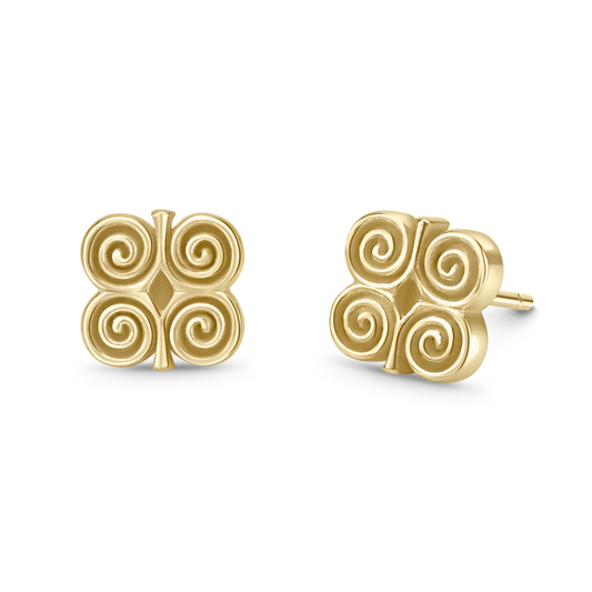 Adinkra Collection Stud Earrings in polished 14ct yellow gold, 7mm height. Symbolizing humility and strength ('Ram's Horns'), perfect for everyday wear. Can be worn alone for subtle elegance or paired for a bolder look. Also sold as singles