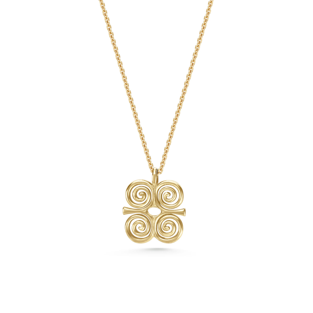 Adinkra Collection 
Dwennimmen Necklace in polished 9ct yellow gold, featuring a 10mm pendant symbolizing humility and strength ('Ram's Horns'). Perfect for everyday wear, alone or layered. Sold on a 16-inch chain.