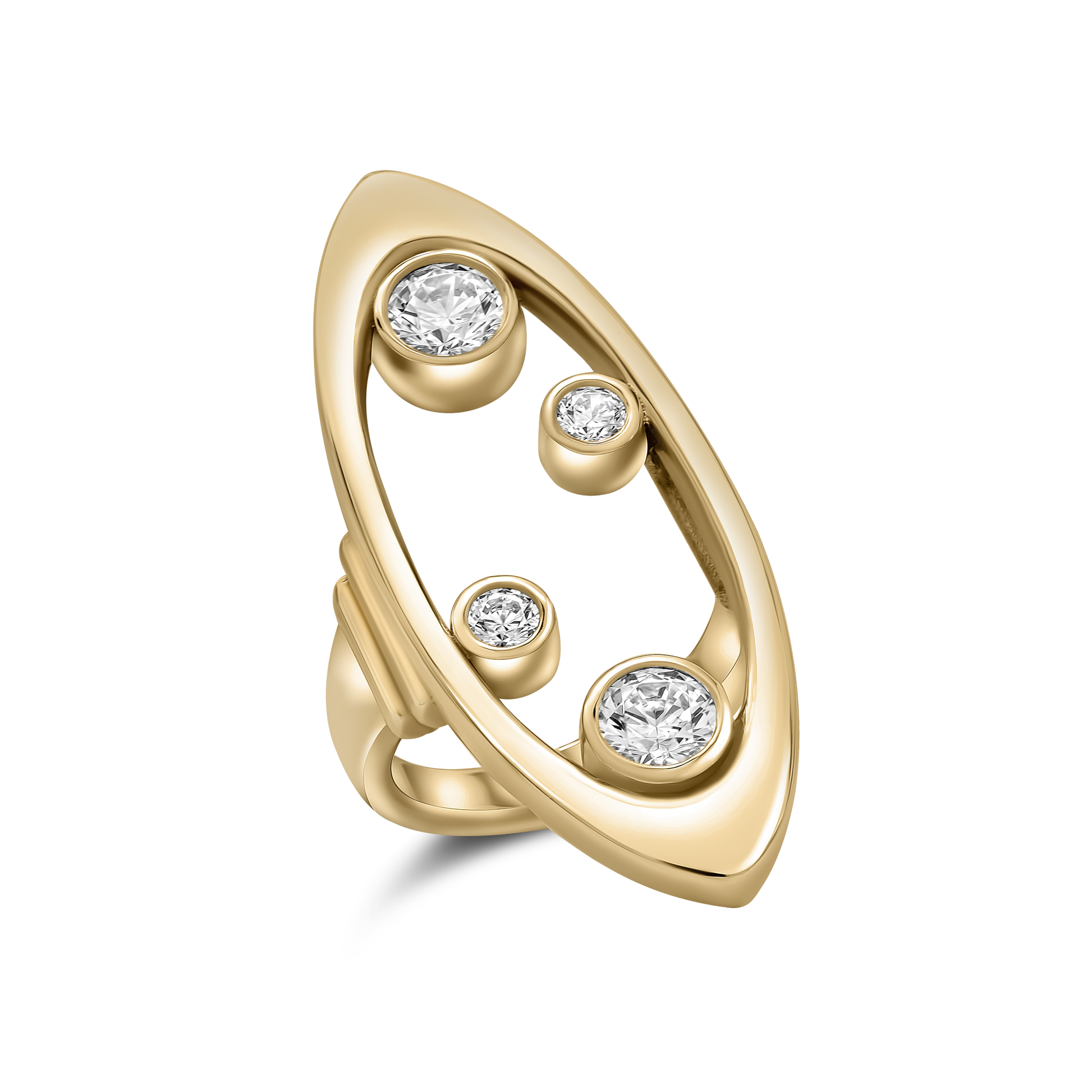 Badu Ring in 18ct yellow gold with 0.16ct and 0.76ct VS/SI diamonds, 38mm length. Bold, luxurious statement piece with standout style. Available in various sizes and customizable with alternative gemstones.